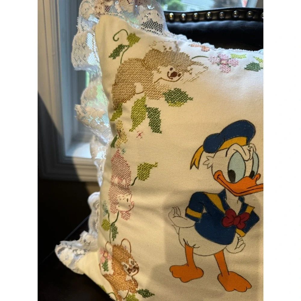Vintage Donald‎ Duck Handmade Animal Stitches Pillow With Lace Trim 1988 15